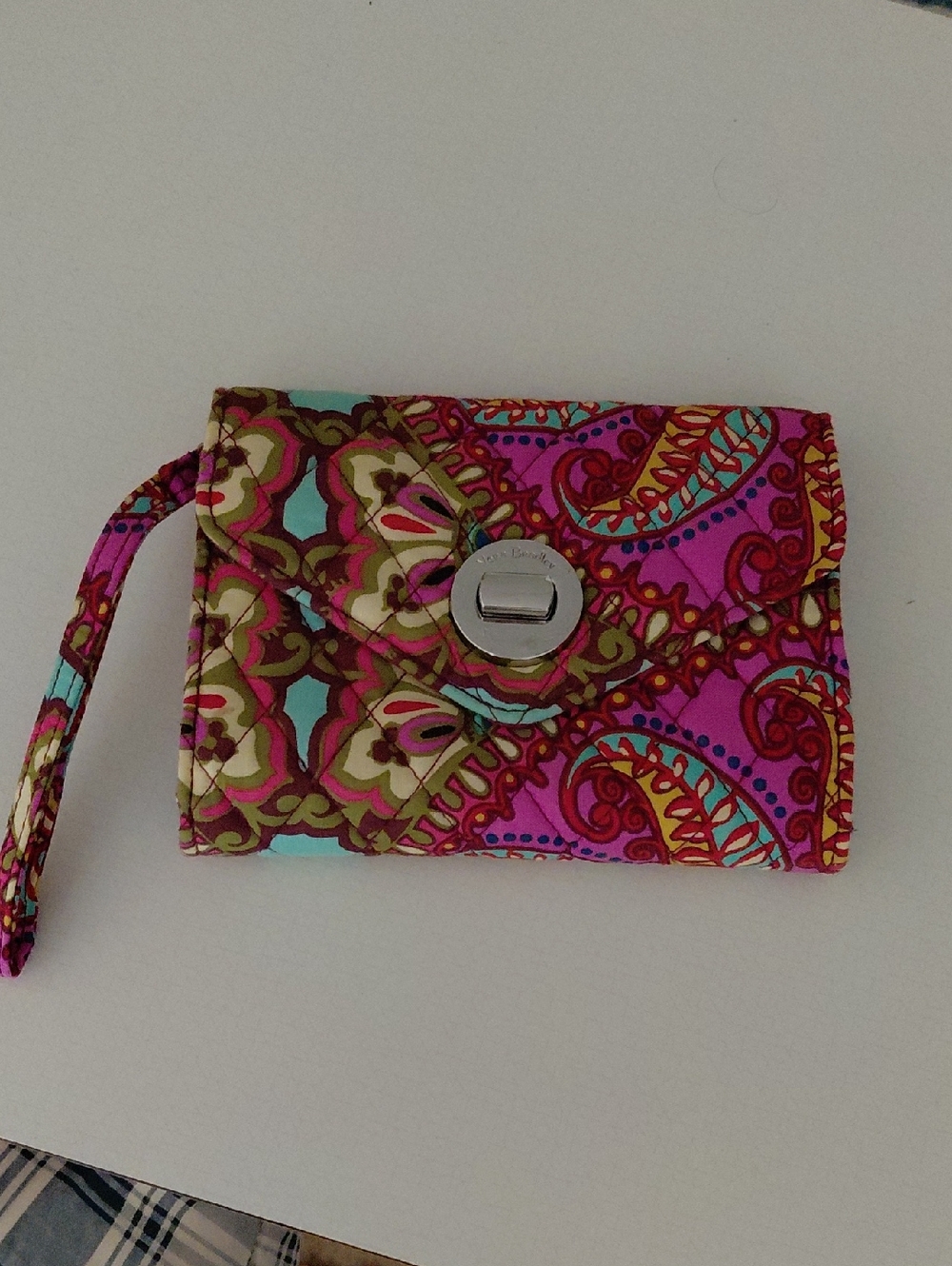 Vera Bradley Pink Turquoise Olive Paisley Quilted Wristlet